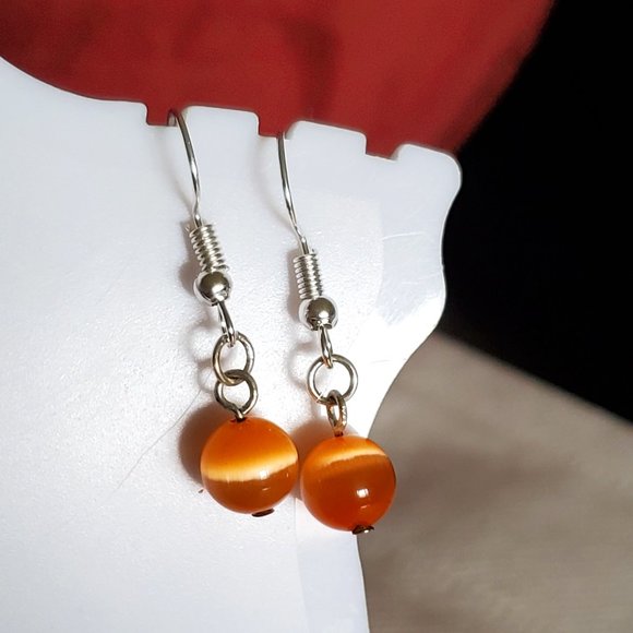 Silver Tone Hook Orange Cat's Eye Bead Earrings - Picture 3 of 3